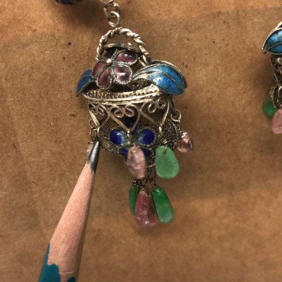 Antique art deco chinese silver tone tourmaline and jade enamel earrings - Picture 5 of 7